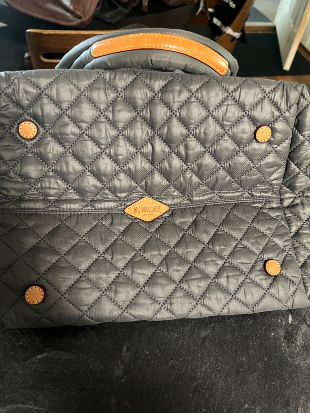 MZ Wallace Quilted Grey Tote with Gold Logo - Picture 2 of 10